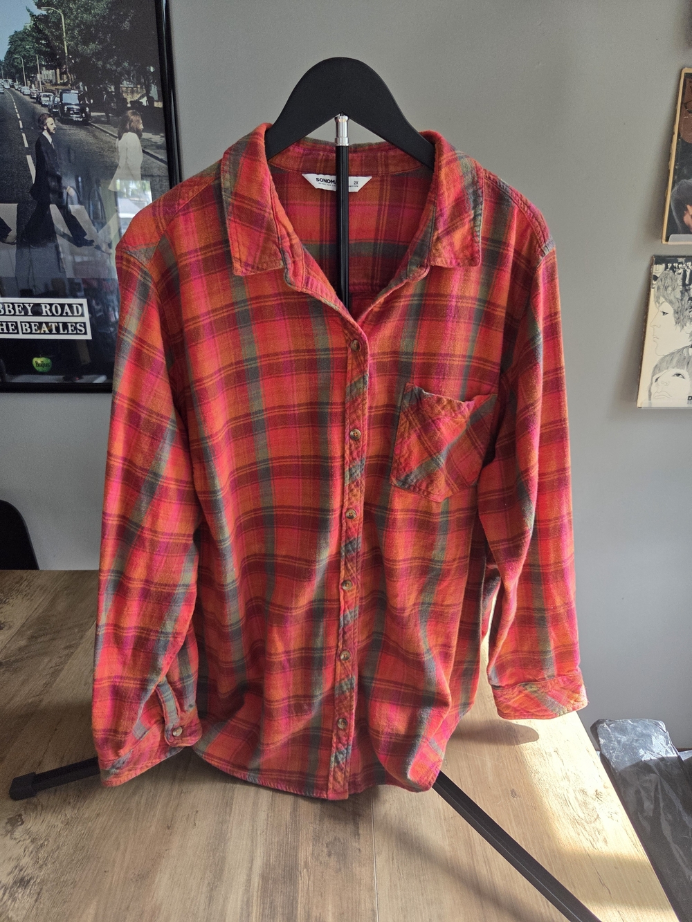 Sonoma Womens Orange and Green Pink Plaid Flannel Button-Down Shirt